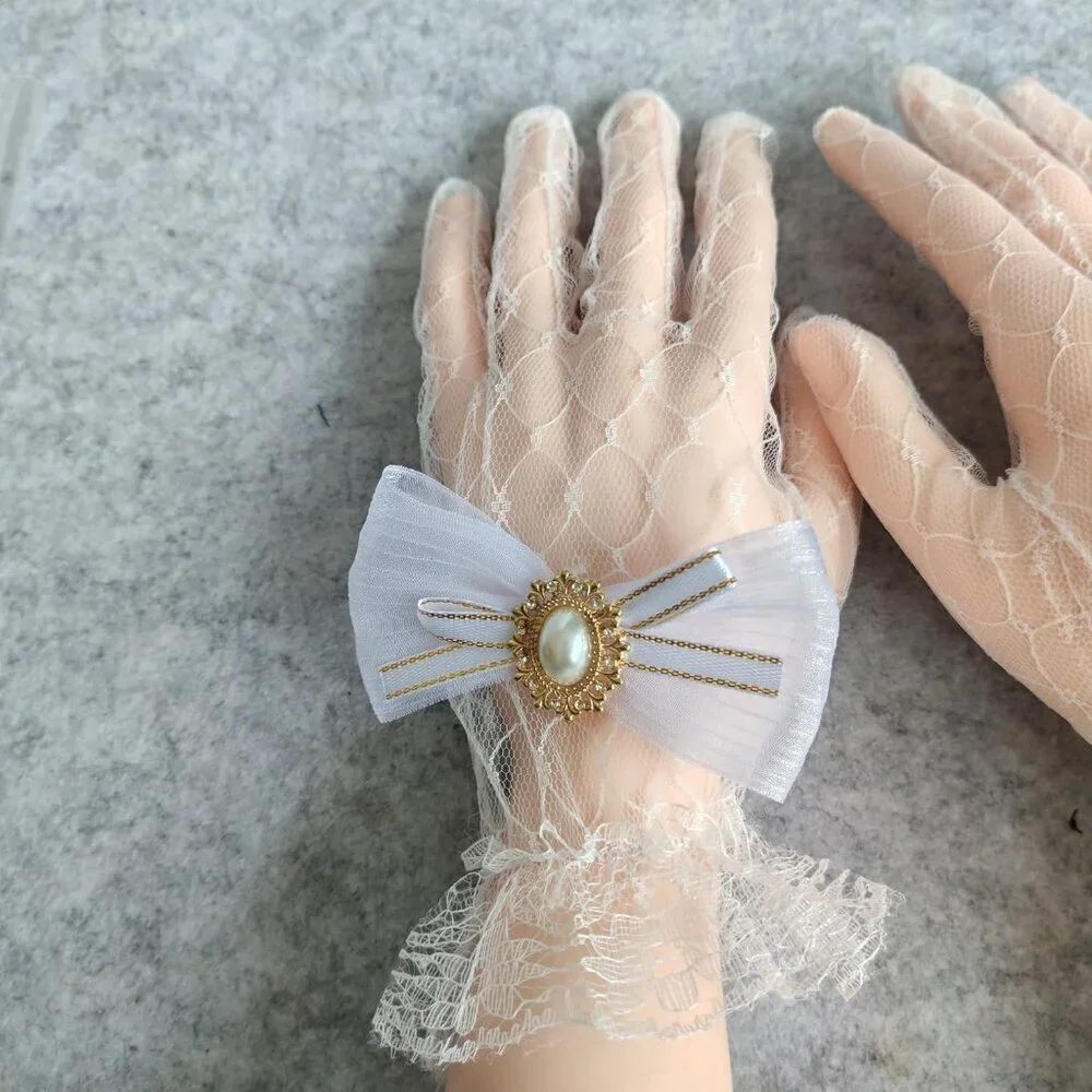 Women's Hand Sleeve White Bow Lace Gloves Wedding Halloween Costume Party Prom